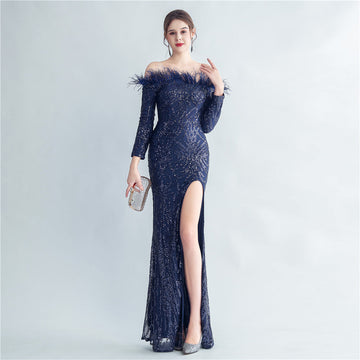 High Density Ostrich Hair Sequin Off Shoulder Fishtail Evening Dress